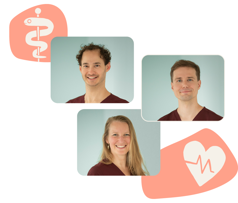Portraits der drei Ärzt:innen Doktor Fabian Böhm, Doktor Markus Brose und Doktorin Angelika Radlspöck der Arztpraxis PVZ17
