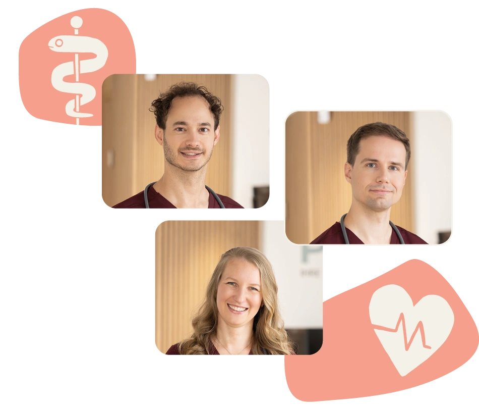 Portraits der drei Ärzt:innen Doktor Fabian Böhm, Doktor Markus Brose und Doktorin Angelika Radlspöck der Arztpraxis PVZ17 Portraits der drei Ärzt:innen Doktor Fabian Böhm, Doktor Markus Brose und Doktorin Angelika Radlspöck der Arztpraxis PVZ17